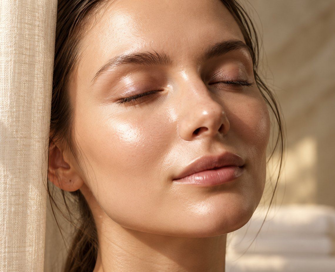 Close-up of a woman with clear, glowing skin, eyes closed