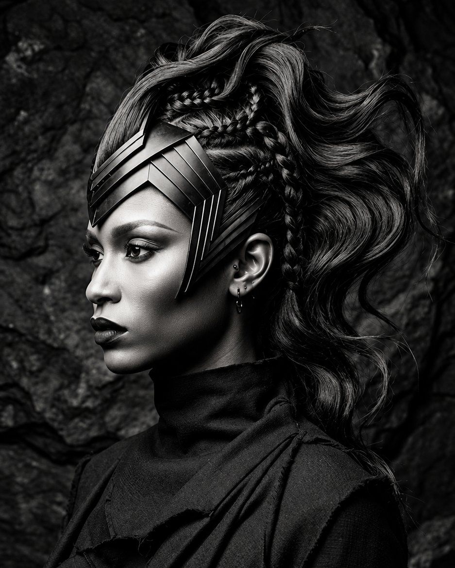 Black-and-white portrait of a model with sculpted, braided hair