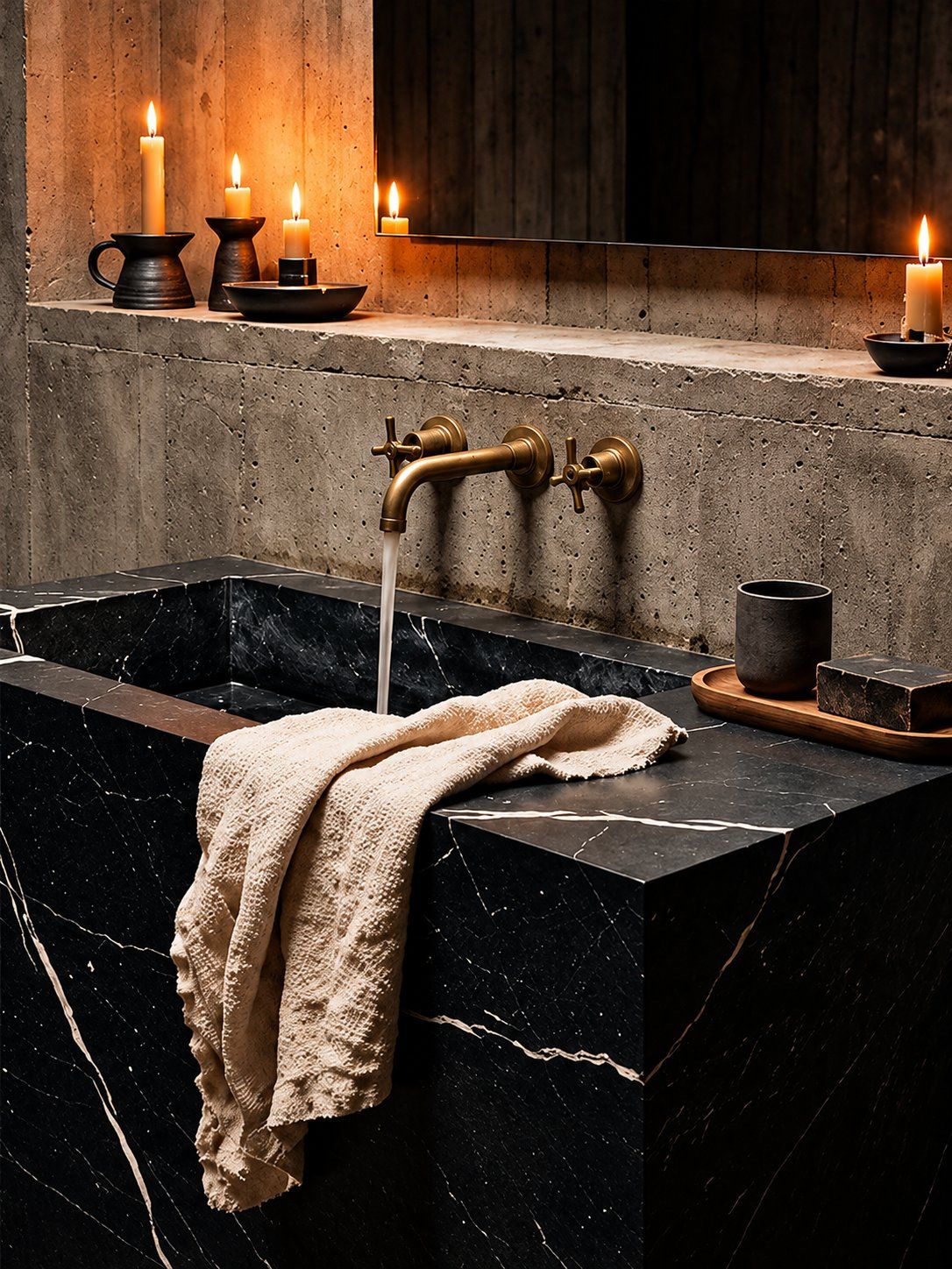 Dark stone wash basin with brass taps and candles