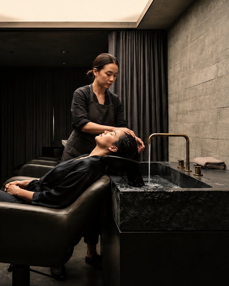 Stylist washing a guest’s hair at a stone basin