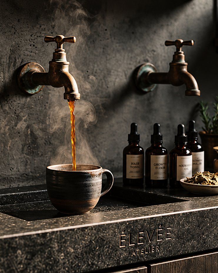 Bronze tap pouring tea into a stoneware cup