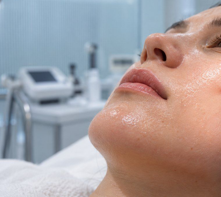 Face under a clinic light with a device behind