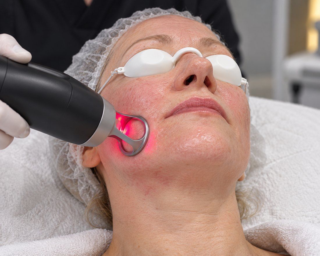 Laser handpiece with red light on a cheek, patient wearing eye shields