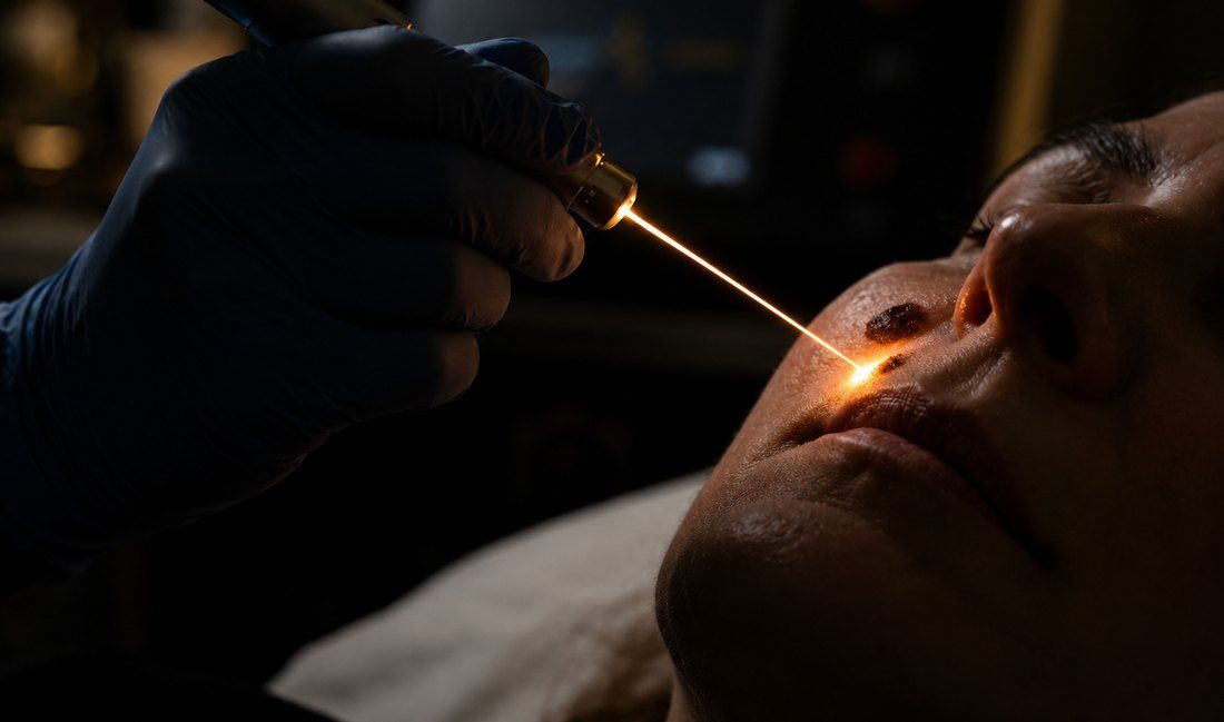 Laser beam aimed at pigmentation on a face